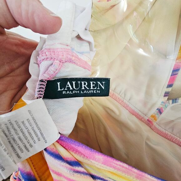 Lauren Ralph Lauren Pastel Striped One Piece Halter Ruched Swimsuit EUC 16W - Picture 9 of 11